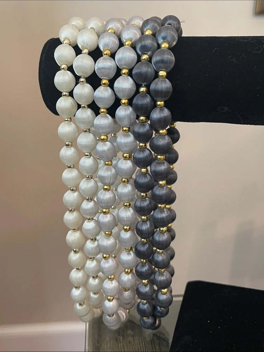 Vintage 3 Necklaces with Spun Silk Satin Beads Gold Tone Spacers 30 In. Approx